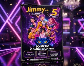 Kpop Demon Hunter Birthday Invitation|Editable Canva Template|Anime Birthday Invite|Neon Party Digital Download|Kids Digital Birthday Card