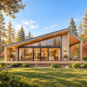 May include: A modern single-story house with a slanted roof, light wood vertical siding, and large floor-to-ceiling glass windows. The structure features a wide wooden deck, black window frames, and an open-concept interior visible from outside.