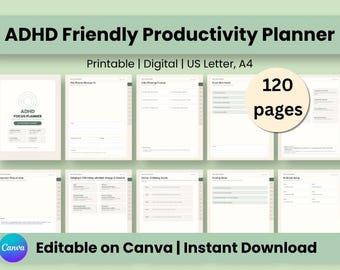 ADHD Focus Planner GoodNotes Digital PDF Printable Canva Editable Daily Weekly Monthly Planner