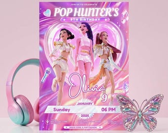 Kpop Birthday Invitation| Pink Pop Hunter Party Invite| Editable Canva Template| Kpop Anime Birthday Digital Download