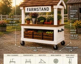 Könnte beinhalten: Ein weiß-brauner Holz-Verkaufsstand mit Dach, einem Schild mit der Aufschrift FARMSTAND und drei unteren Kisten voller Produkte. Er ist 183,5 cm hoch, 121,9 cm breit und 61 cm tief, mit einer Thekenhöhe von 91,4 cm und 10,2 cm großen Rädern.