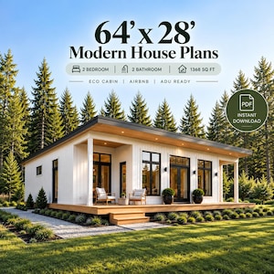 May include: A digital document for 64' x 28' modern house plans featuring 2 bedrooms, 2 bathrooms, and 1368 sq ft. The image shows a white single-story cabin with a wooden deck, large black-framed windows, and a flat roof set in a forest.