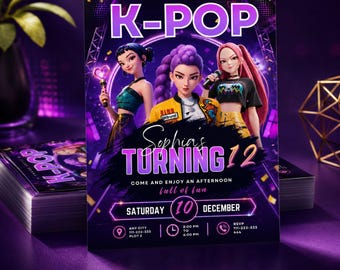 Kpop Birthday Invitation, Anime Kpop Party Canva Template, Neon Dance Birthday Invite, Editable Digital Birthday Card |Instant Download Card