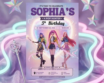 Kpop Birthday Invite| Anime Kpop Hunter Canva Template| Pastel Girls Birthday Invitation| Editable Digital Download