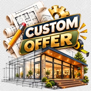 Könnte beinhalten: Eine 3D-Grafik mit dem Text CUSTOM OFFER in goldenen Buchstaben, vor architektonischen Bauplänen, einem gelben Bleistift, einem goldenen Zahnrad und einem Maßband. Darunter eine detaillierte Darstellung eines modernen Hauses mit Holzterrasse.