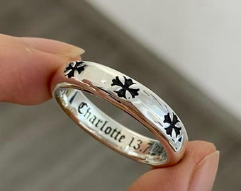 Sterling Silver Cross Band Ring, Custom Engraved Ring, Minimalist Religious Jewelry, Personalized Gift