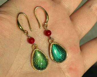 Handmade Real Butterfly Wing Earrings, Green Gem Earrings, Mother’s Day Gift for Her