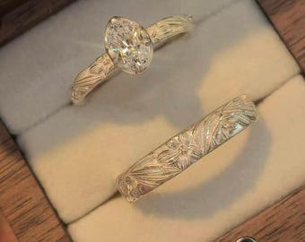 Sterling Silver French Floral Engraved Band Set, Vintage Couple Rings
