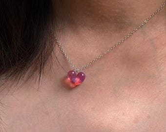 Handmade Glass Heart Pendant Necklace, Pink Sparkly Lampwork Jewelry, Romantic Gift