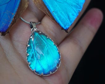 Real Blue Morpho Butterfly Wing Necklace, Teardrop Pendant, Nature Jewelry Gift for Her