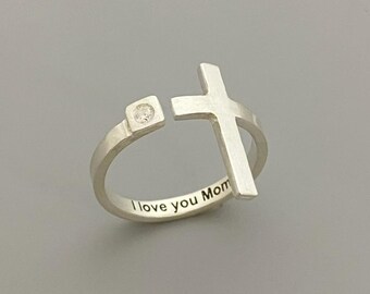Custom Cross Ring, Personalized Sterling Silver Engraved Ring, Minimalist Faith Jewelry Gift