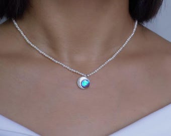 Real Blue Morpho Butterfly Necklace, Moon Shell Pendant, Pearl or Blue Gem Chain