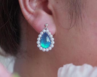 Real Blue Morpho Butterfly Stud Earrings, Handmade Pearl Earrings, Nature Jewelry Gift for Her