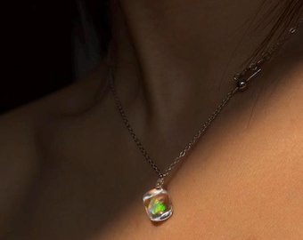 Handmade Glass Ice Cube Pendant Necklace, Iridescent Opal Shimmer, Minimalist Jewelry