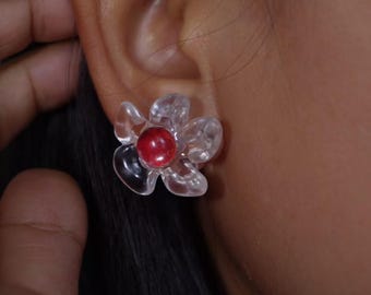Handmade Real Red Butterfly Wing Flower Set, Transparent Acrylic Flower Jewelry Gift for Her