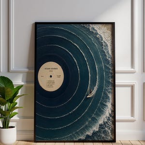 Vinyl Record Ocean Print, Surf Poster, Coastal Decor, Music Lover Gift, Beach House Wall Decor, Retro Wave Artwork