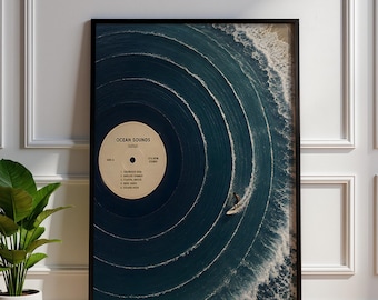 Płyta winylowa z nadrukiem oceanicznym, plakat surfingowy, wystrój nadmorski, prezent dla miłośnika muzyki, dekoracja ścienna do domku na plaży, grafika retro z falami