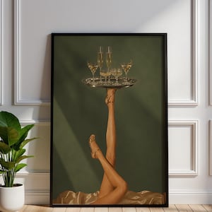 Affiche murale de luxe inspirée des cocktails, décor surréaliste de chariot de bar avec jambes, poster de verre à martini, œuvre d'art maximaliste vert olive