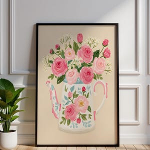 Vintage Teapot Floral Wall Art, Pink Roses Botanical Print, Shabby Chic Decor