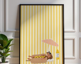 Plakat z jamnikiem i hot dogiem na plaży, minimalistyczna letnia grafika ścienna w paski, słodka ilustracja psa w żółtej, estetycznej dekoracji ściennej