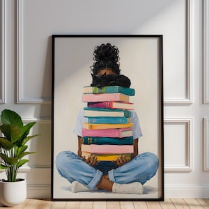 Plakat z czarną dziewczynką i kotem ze stosem książek, wydruk ścienny dla miłośników książek, przytulna dekoracja biblioteki, prezent dla czytelnika