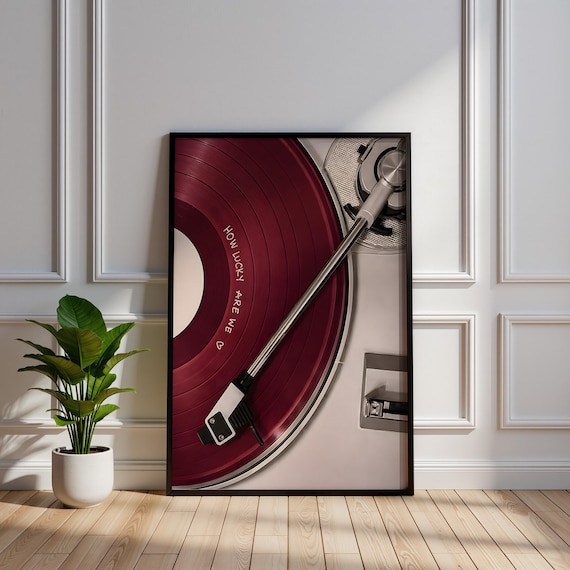 How Lucky Are We Wall Art, Burgundy Vinyl Turntable Print, Retro Music Photography, Minimalist Record Player Decor