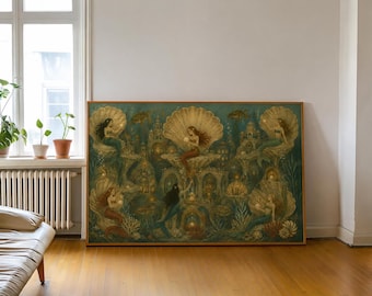 Vintage Mermaid Horizontal Wall Art, Coastal Cottagecore Print, Moody Ocean Bedroom Decor Poster, Mermaid Gift