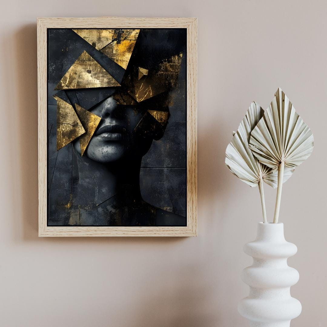 Modern Abstract Wall Art – Gold Black Geometric Portrait , Contemporary ...