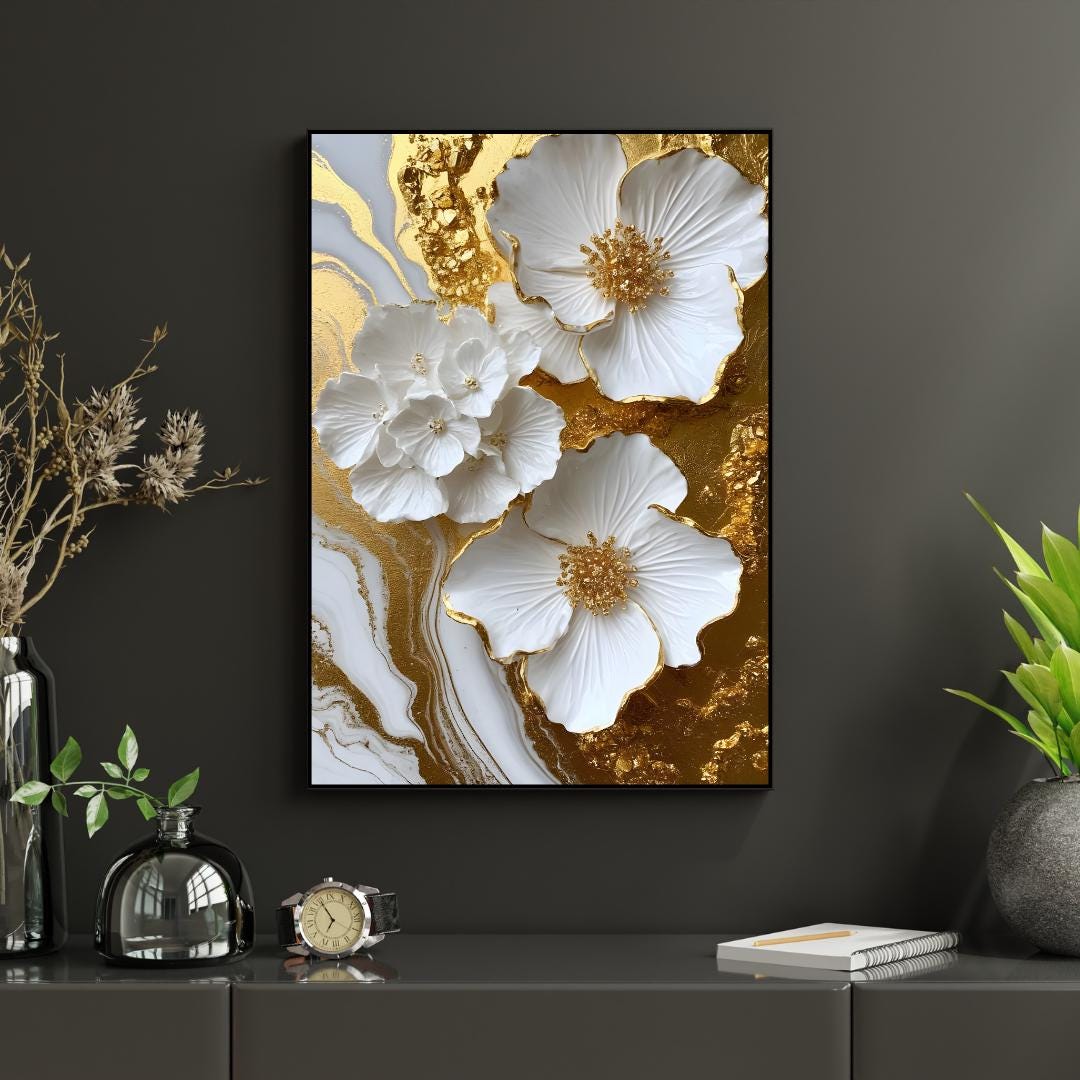 Gold & White 3D Floral Art Print | Luxury Botanical Wall Decor - Etsy