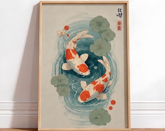 Japanese Koi Fish Poster, Minimalist Asian Wall Art, Zen Pond Painting, Japandi Decor, Tranquil Water Lily Print, Modern Oriental Artwork