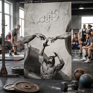 May include: A gym scene featuring a large canvas print with a black and white depiction of the Creation of Adam, overlaid with a chemical structure. Weight plates and dumbbells are on the floor. People are working out in the background.