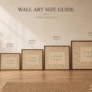 May include: A wall art size guide displaying five framed prints in sizes 8x10, 12x16, 16x20, 18x24, and 24x36 inches. Each print features a beige background with a floral border and the text I see london I see france in dark brown script.