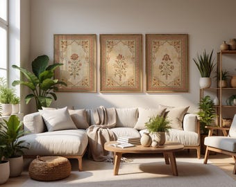 May include: Three rectangular framed wall art prints featuring intricate floral motifs in muted red, green, and gold tones on a cream background. Each print is enclosed in a simple wooden frame, displayed in a horizontal row on a plain wall.