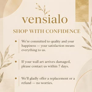 Może przedstawiać: Beżowa grafika informacyjna ze złotymi ilustracjami liści i tekstem vensialo SHOP WITH CONFIDENCE. Zawiera trzy punkty dotyczące zaangażowania w jakość, 7-dniowej polityki zgłaszania uszkodzeń oraz ofert wymiany lub zwrotu pieniędzy.