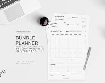 Paquete de planificadores imprimibles • Conjunto diario, semanal y mensual • Planificadores minimalistas en PDF • Productividad y atención plena