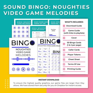 Op de afbeelding: Een digitale download game set getiteld "Sound Bingo: Noughties Video Game Melodies." Het ontwerp heeft een witte achtergrond met blauwe en zwarte tekst en afbeeldingen. Bevat een downloadgids, spelgids, cover, 50 bingokaarten, bellerkaarten, spelermarkers, cheat sheet, gebruiksvoorwaarden en printgids.