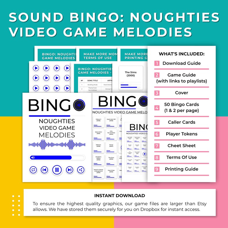 Op de afbeelding: Een digitale download game set getiteld "Sound Bingo: Noughties Video Game Melodies." Het ontwerp heeft een witte achtergrond met blauwe en zwarte tekst en afbeeldingen. Bevat een downloadgids, spelgids, cover, 50 bingokaarten, bellerkaarten, spelermarkers, cheat sheet, gebruiksvoorwaarden en printgids.
