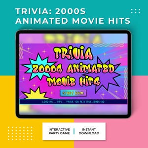 Puede incluir: Una tableta muestra un juego de preguntas titulado "Trivia: 2000s Animated Movie Hits". El diseño presenta una estética retro con un fondo púrpura, rosa y azul y gráficos de explosiones estelares. El juego se anuncia como un juego de fiesta interactivo y descarga instantánea.