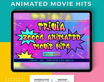 Interactieve trivia-animatiefilm uit de jaren 2000, digitaal spel voor scherm, virtuele feestquiz, geen voorbereiding
