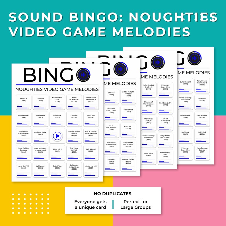 Op de afbeelding: Een stapel bingokaarten met de tekst "SOUND BINGO: NOUGHTIES VIDEO GAME MELODIES." Elke kaart heeft een raster van videogametitels uit de jaren 2000. De kaarten zijn wit met blauwe tekst en een blauwe bingobal-afbeelding.