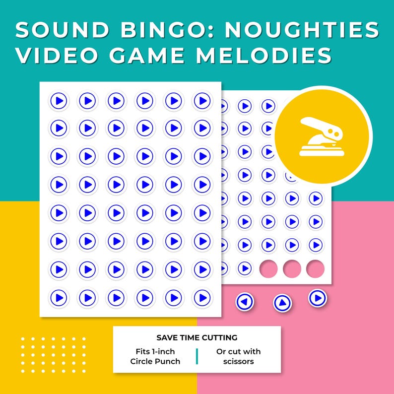 Op de afbeelding: Twee vellen witte stickers met blauwe afspeelknop-iconen, voor een bingo-spel met videogamethema. De tekst "SOUND BINGO: NOUGHTIES VIDEO GAME MELODIES" staat bovenaan. De tekst "SAVE TIME CUTTING" staat onderaan.
