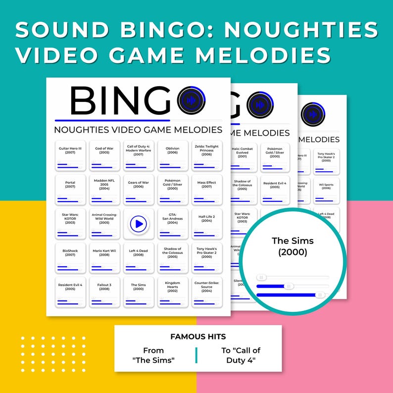 Op de afbeelding: Een bingokaartontwerp met de tekst "SOUND BINGO: NOUGHTIES VIDEO GAME MELODIES." De kaart bevat een raster van videogametitels uit de jaren 2000, waaronder "The Sims" en "Call of Duty 4." Het ontwerp heeft een witte achtergrond met kleurrijke accenten.