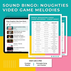 Op de afbeelding: Een digitale tablet toont een afspeellijst met videogame-muziek, samen met een cheat sheet met nummers, artiesten en games. De tekst luidt "SOUND BINGO: NOUGHTIES VIDEO GAME MELODIES." De afbeelding bevat ook de tekst "HOST LIKE A PRO" en "Printable Song List Checker."
