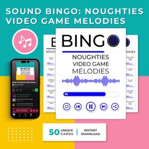 Op de afbeelding: Een digitaal bingospel met de titel "Sound Bingo: Noughties Video Game Melodies". Het ontwerp toont een smartphone met het spel, bingokaarten en een roze muzieknoot-icoon. Het spel bevat 50 unieke kaarten.
