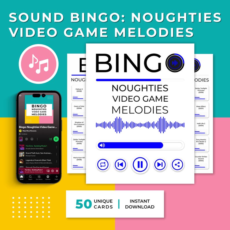Op de afbeelding: Een digitaal bingospel met de titel "Sound Bingo: Noughties Video Game Melodies". Het ontwerp toont een smartphone met het spel, bingokaarten en een roze muzieknoot-icoon. Het spel bevat 50 unieke kaarten.