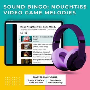 Op de afbeelding: Een digitale tablet toont een afspeellijst "Sound Bingo: Noughties Video Game Melodies". Een paarse en lichtpaarse koptelefoon staat rechts. De tekst "READY-TO-PLAY PLAYLIST" en "Spotify & YouTube Links Included" zijn ook zichtbaar.
