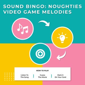 Op de afbeelding: Een kleurrijke afbeelding voor "Sound Bingo: Noughties Video Game Melodies". De afbeelding toont muzieknoten, een gloeilamp en een gamecontroller-pictogram, met instructies: "Luister naar het nummer", "Raad de film" en "Markeer het op je kaart."