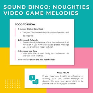 Op de afbeelding: Een digitaal downloadproduct getiteld "SOUND BINGO: NOUGHTIES VIDEO GAME MELODIES" met informatie over direct downloaden, retourneren en persoonlijk gebruik. De afbeelding heeft een turquoise kop en een roze, gele en witte achtergrond.
