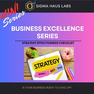 Puede incluir: Imagen promocional de la "Business Excellence Series" con un bloc de notas que muestra "STRATEGY" y términos relacionados. También se ven un donut, un cactus y lápices. El texto "IS YOUR BUSINESS READY TO LEVEL UP?" está en la parte inferior.