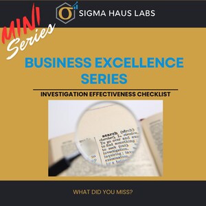 May include: A promotional graphic with the text "MINI Series" and "BUSINESS EXCELLENCE SERIES". The image includes a magnifying glass over a dictionary page with the word "search" visible. The text "INVESTIGATION EFFECTIVENESS CHECKLIST" is also present.